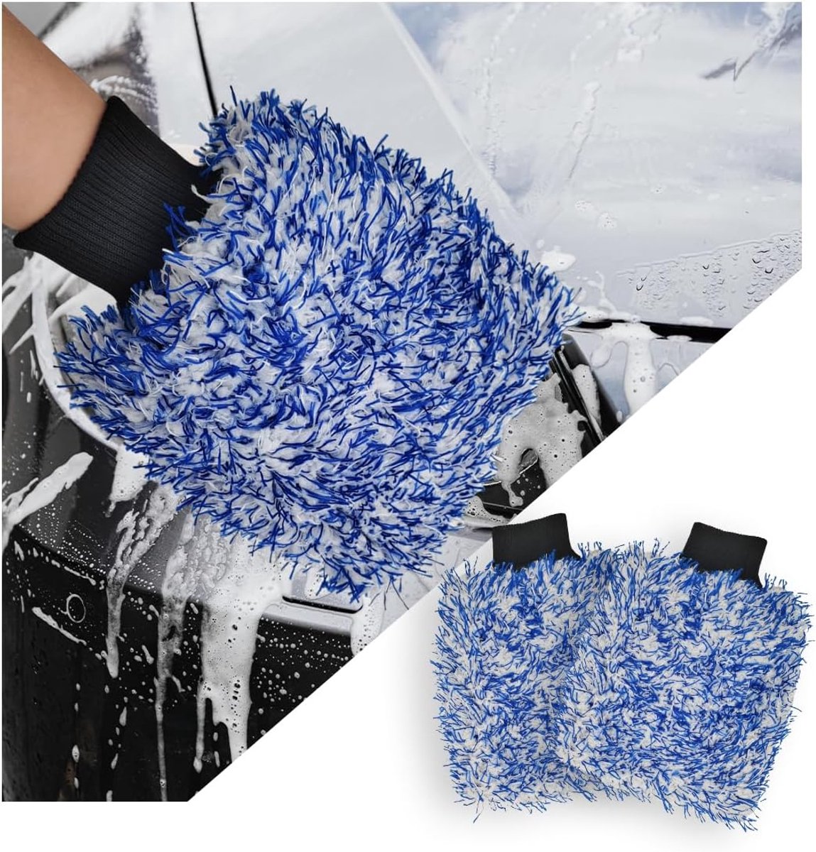 Washandschoenen Set - Microvezel Wanten - Auto Poetsen - Zacht Krasvrij - 8x10 Inch - Blauw Wit