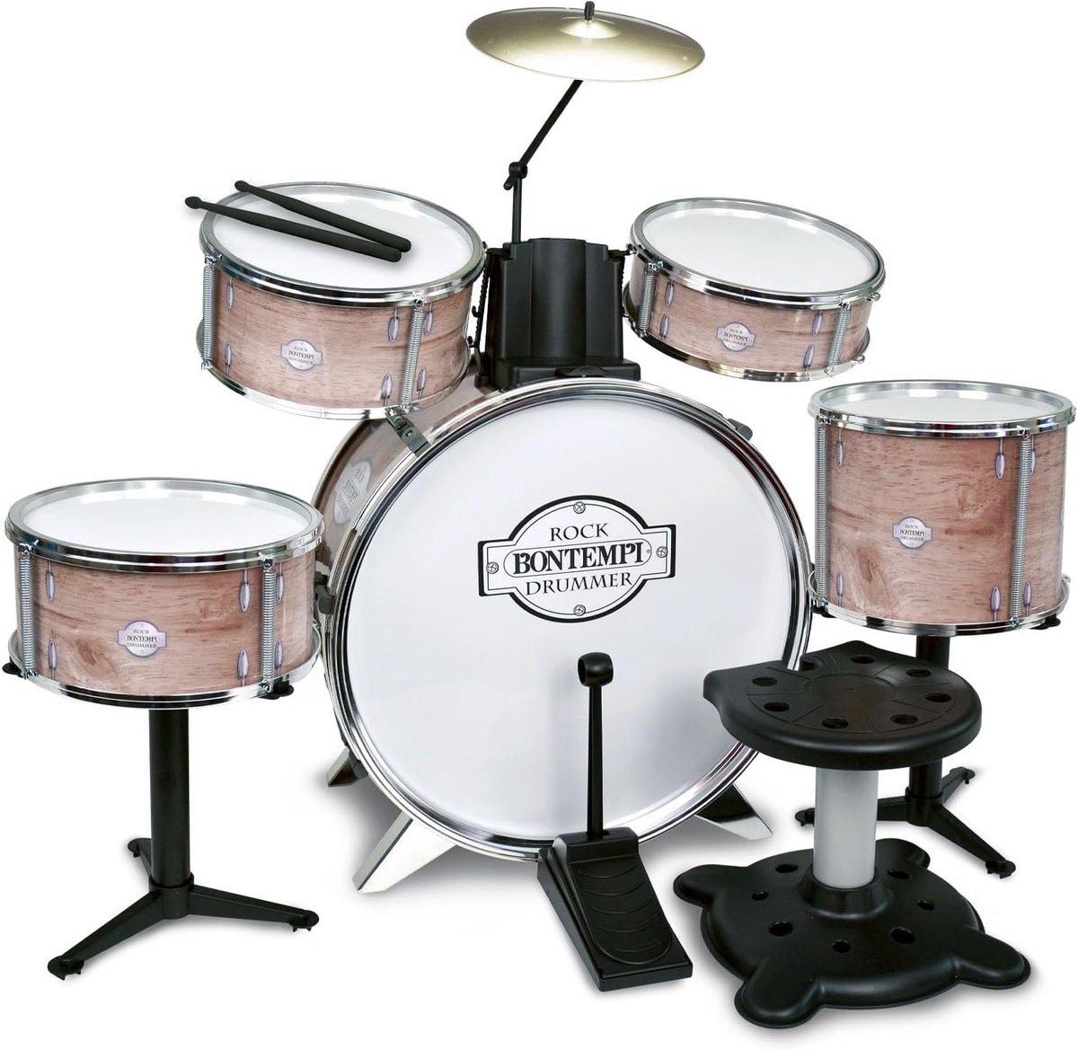 Professioneel Drumstel met Krachtige Basdrum - Volledige Drumset in Houtlook