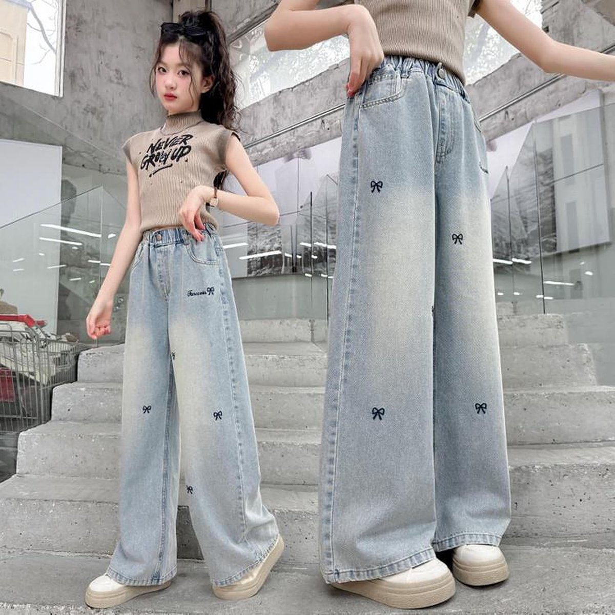 Stoere wijde pijpen jeans voor meiden met elastische tailleband