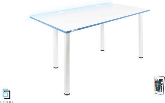 Ergonomisch Gaming Bureau met LED Verlichting voor PC en Thuiswerkplek, Wit/Blauw — afbeelding 5
