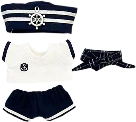 Poppenkleding Set 10 cm - Sjaal, Hoed, T-Shirt en Broek - Matrozenpak voor Knuffeldieren van Merkloos — afbeelding 5