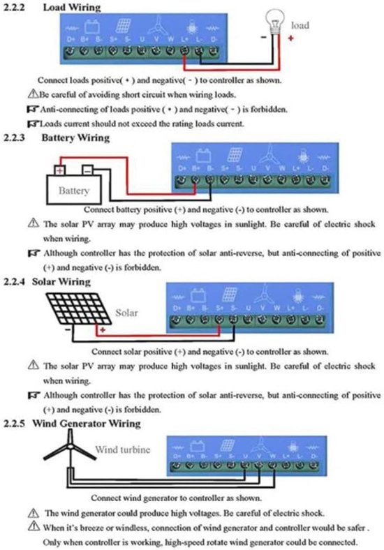 Pagina uit handleiding met bedradingsschema's voor belastingen, batterijen, zonnepanelen en windturbines.