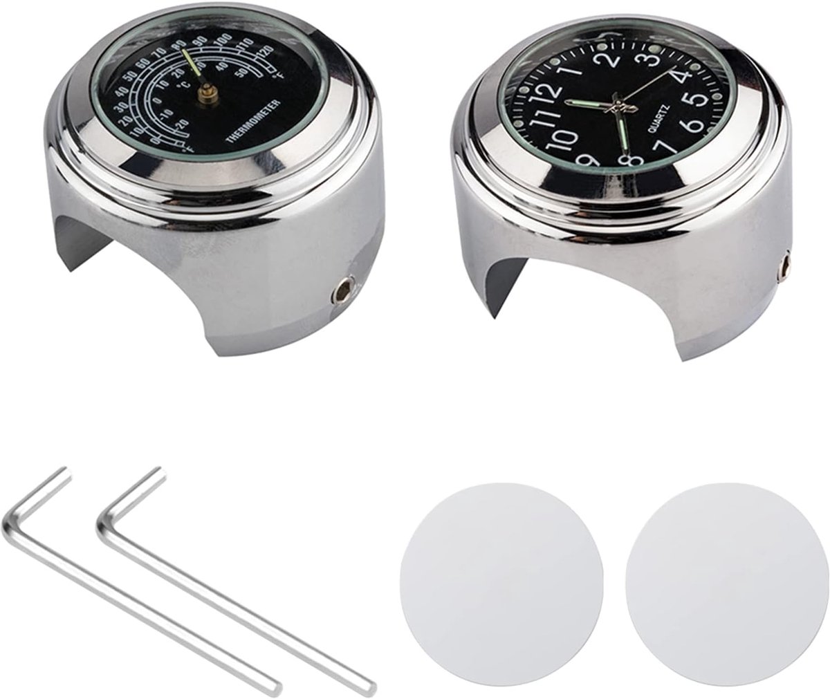 Motorfiets Stuurklok - Fietsthermometer Waterdicht - Tijd & Temperatuur - Universele Montage - 22-25.4 mm - Chroom Zwart