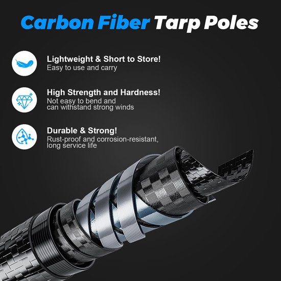 Set van 2 Verstelbare Carbon Fiber Tarp Stokken Telescopisch voor Tent en Luifel 2.1m tot 3m — afbeelding 4
