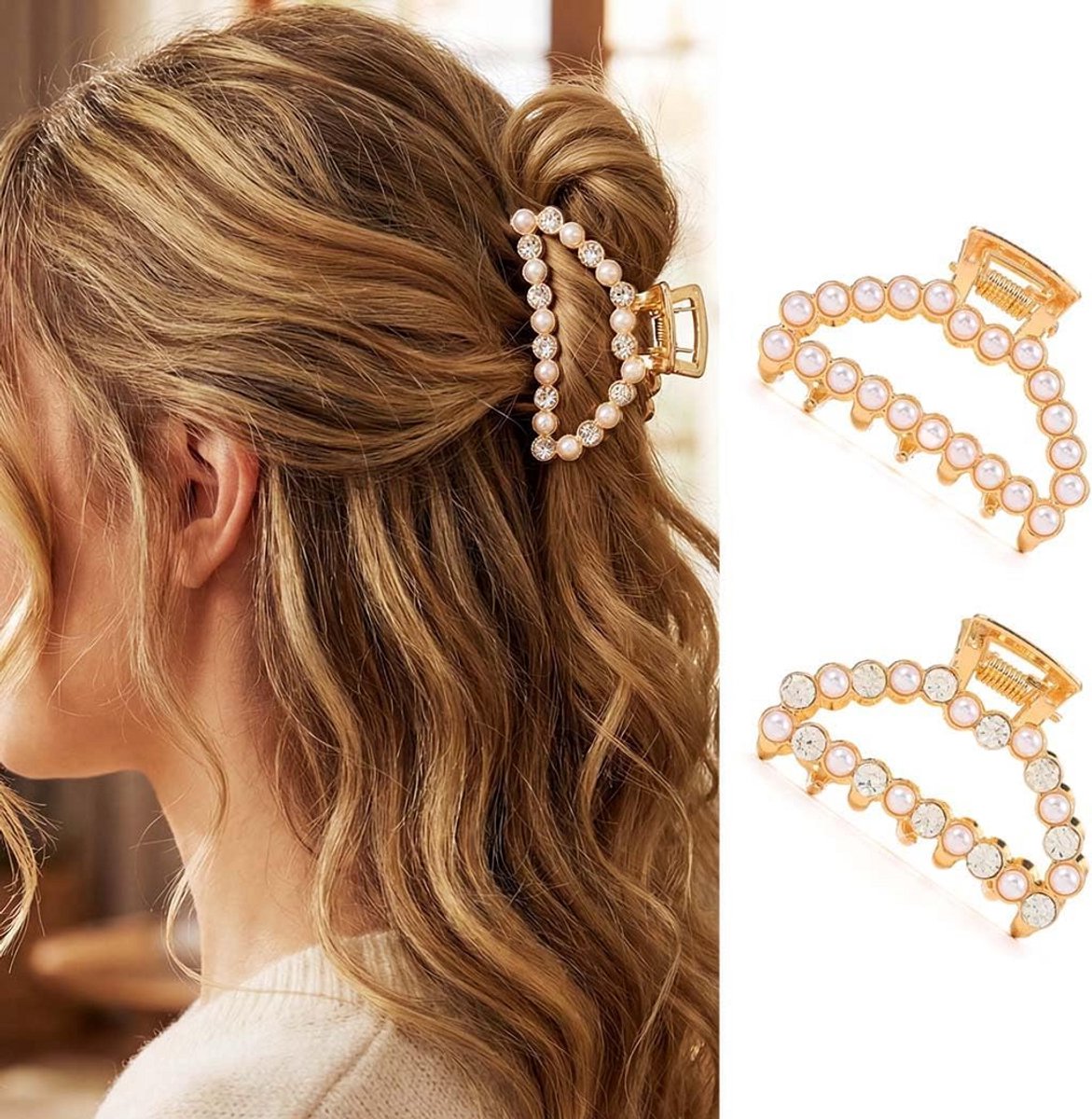 Grote Gouden Haarspeld met Parels en Strass voor Vrouwen