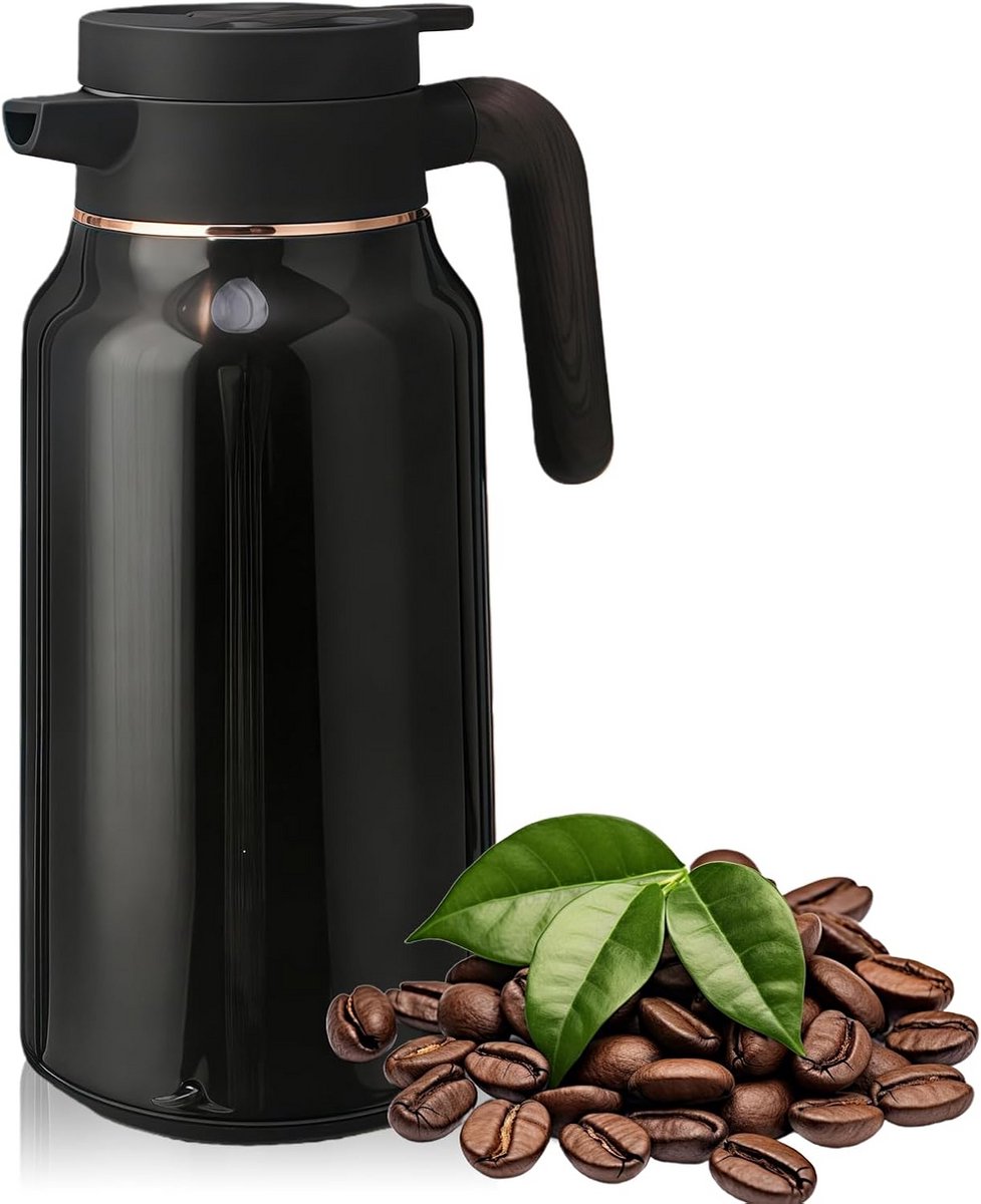Grote RVS Thermosfles 2 Liter, 36 Uur Warm/Koud, Koffiekan met Houtlook en Druksluiting