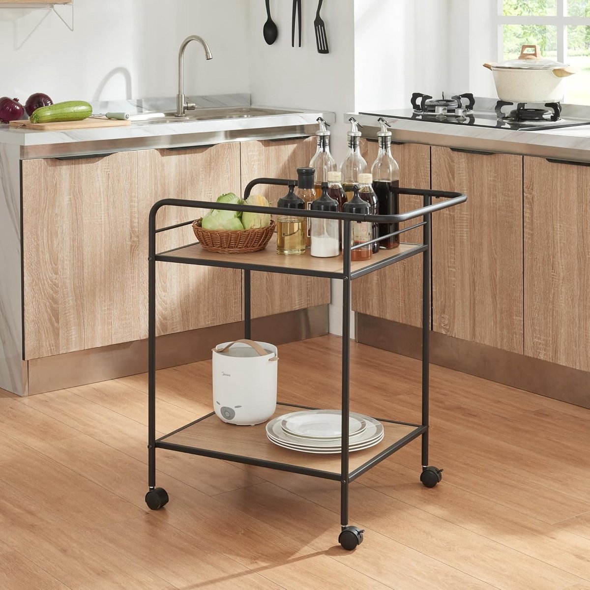 Mobiele Keukentrolley met 2 Niveaus - Serveerwagen Zwart en Eikenhout