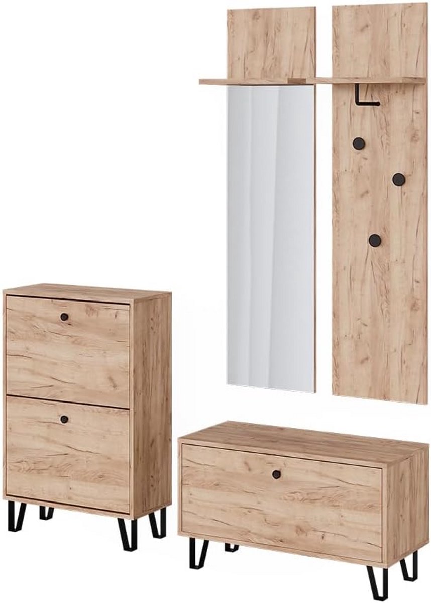 Complete Garderobeset met Wandspiegel, Kapstok, Bank en Schoenopbergers in Eiken Goud