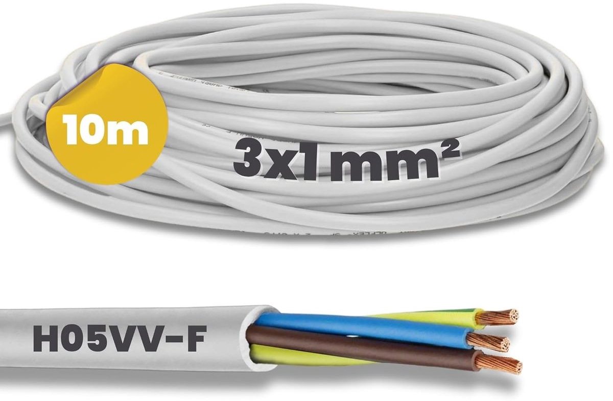 10 meter Kalitec H05VV-F flexibele kabel 3x1 mm² | 3G1 mm² stroomkabel met beschermingsgeleider | PVC-kabel voor binnengebruik | witte elektrische kabel | flexibele lampkabel | 3-aderige apparaatkabel