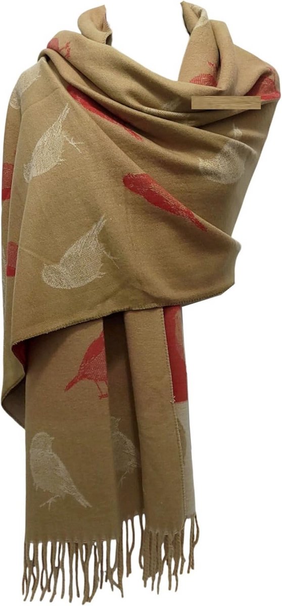 Grote Wintersjaal met Aquarel Roodborstjes Print - Zachte Foulard Stof