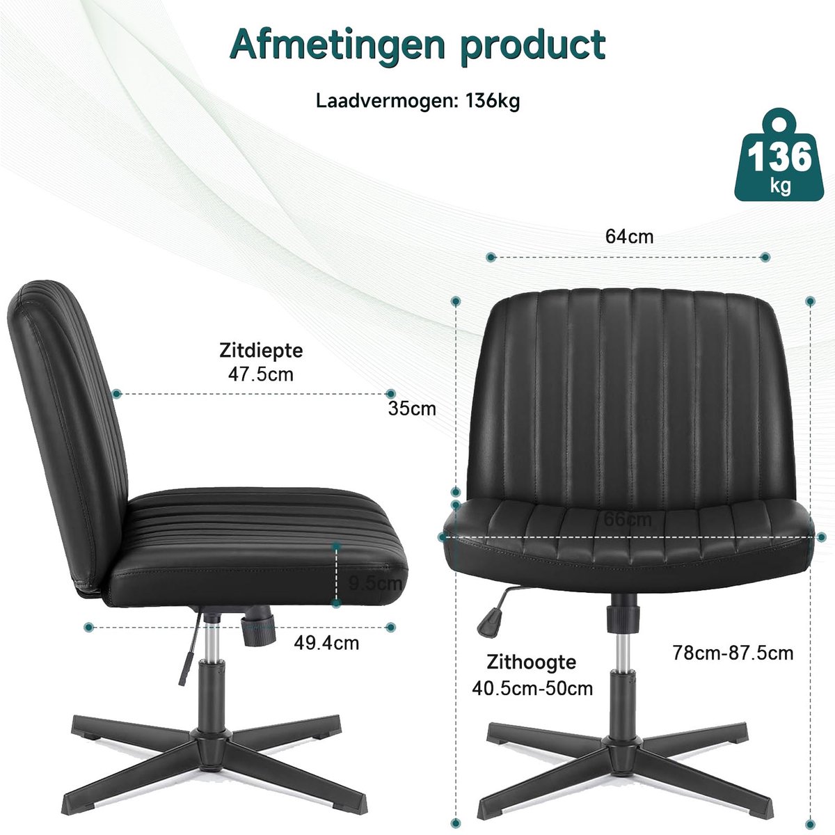 Hengjian Bureaustoel PU-Leren Draaistoel Hoogte Verstelbaar Zwart - afbeelding 3