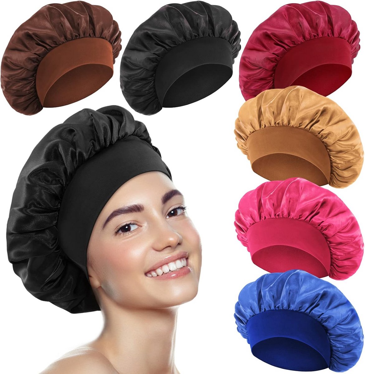 Set van 6 Satijnen Slaapmutsen met Elastische Band voor Bescherming van Haar