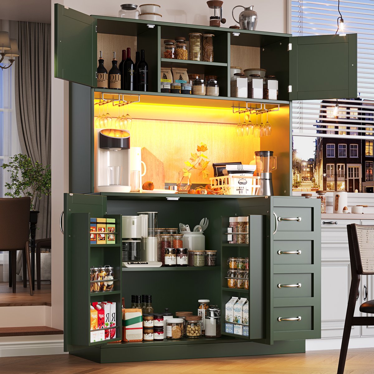 Buffetkast - opbergkast - keukenkast - dressoir - 120x40x188 cm - met LED-verlichting - snackrek en drankrek - 4 deuren en 2 lades - groen