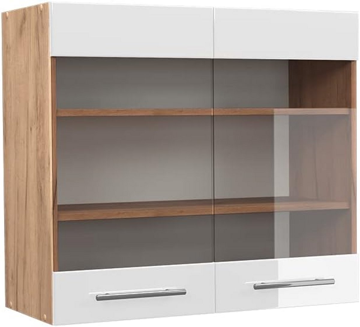 Hangglaskast Keuken 80 cm Wit Hoogglans met Eiken Accent