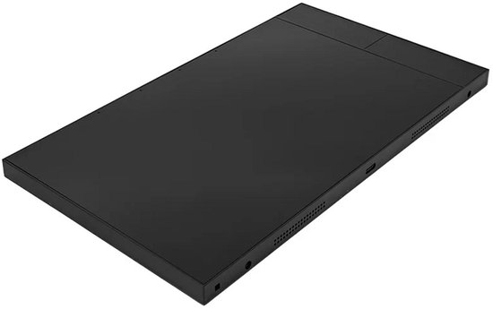 Een plat, zwart, rechthoekig apparaat, mogelijk een tablet of display, gezien vanuit een hoek met de onderkant naar de kijker toe.