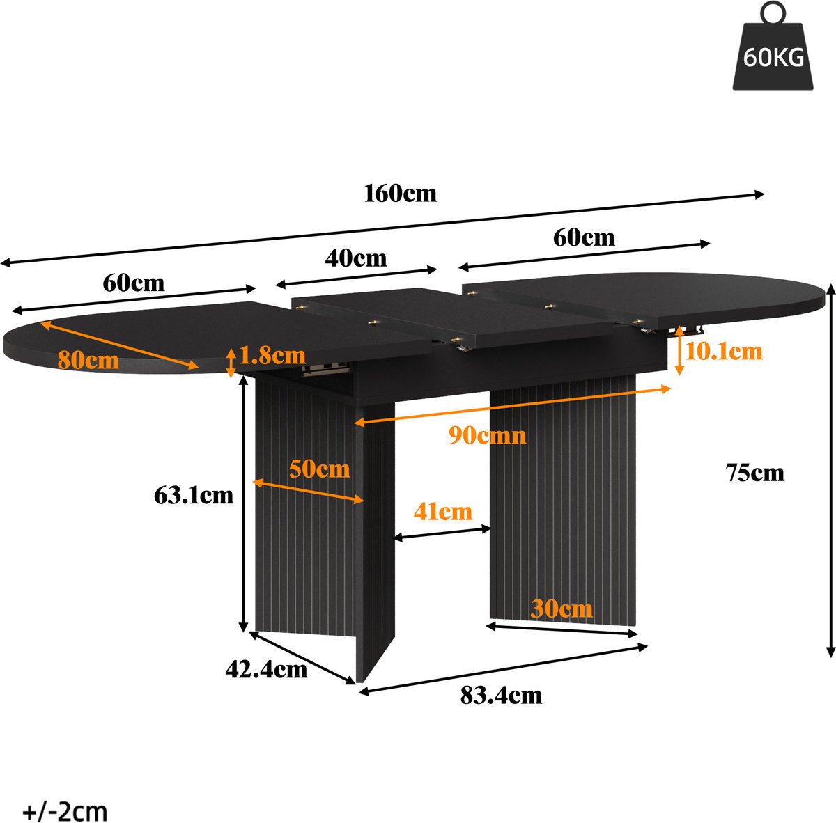 HAUSS SPOLE Eettafel - Uitschuifbaar Met Telescoopsysteem - Voor Keuken En Woonkamer - MDF Zwart - 120-160x80x75 Cm