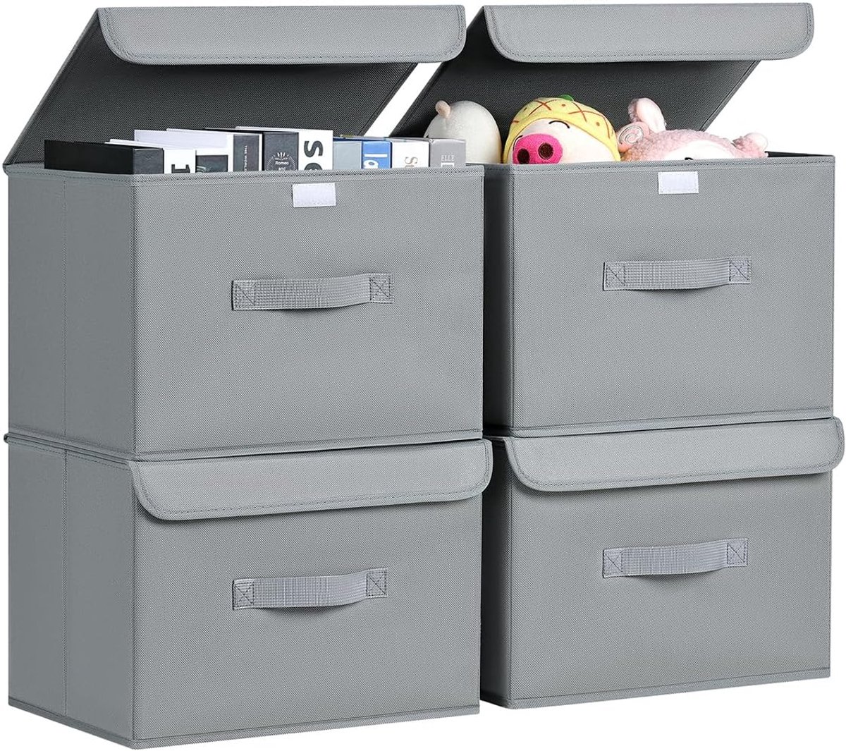 Set van 4 Opvouwbare Opbergdozen met Deksel en Handvatten in Lichtgrijs