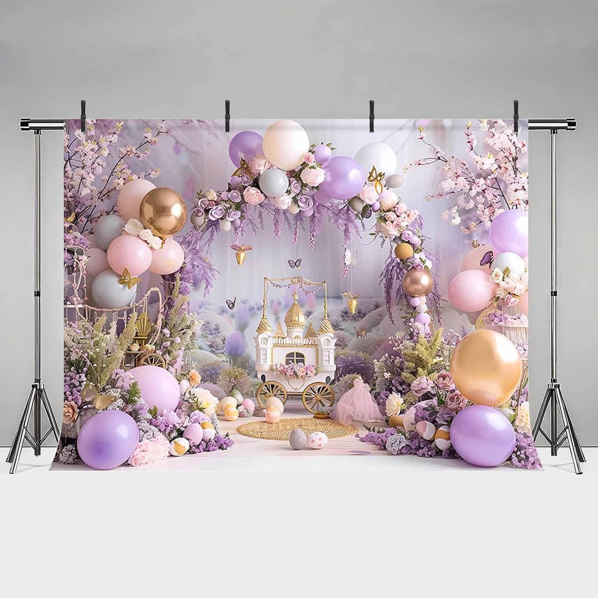 Achtergrond Doek Paarse Bloemen Ballon Boog voor Verjaardag en Baby Shower Fotografie