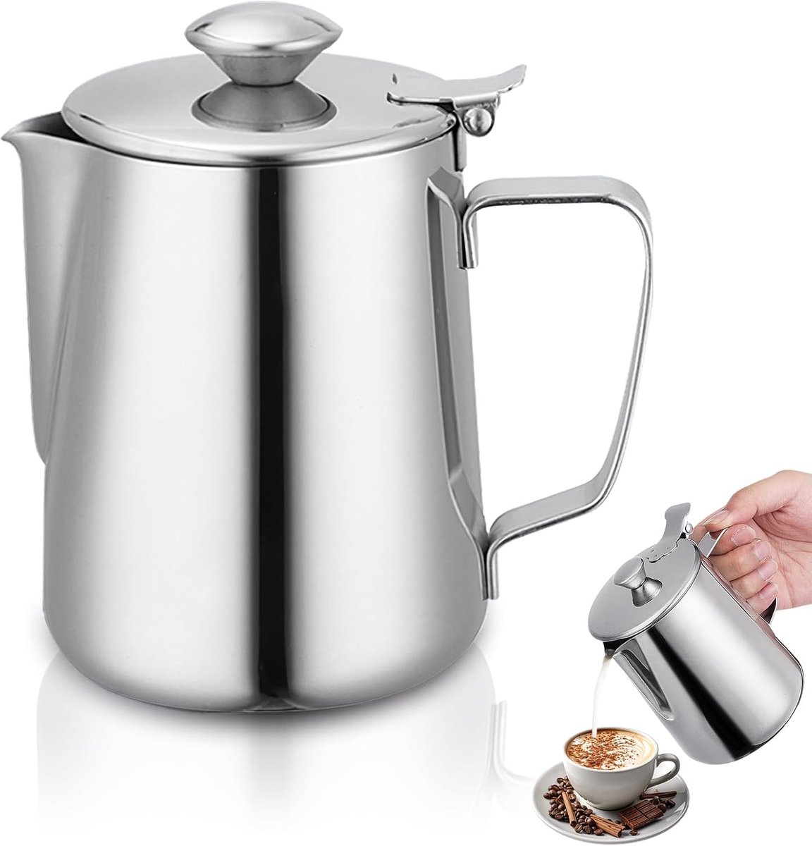 RVS Melkopschuimkan met Deksel voor Barista Koffiekunst