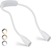 Een witte nek lamp met twee flexibele armen en lampjes. Kleine cirkels tonen lichtkleuren: warm, neutraal en wit.