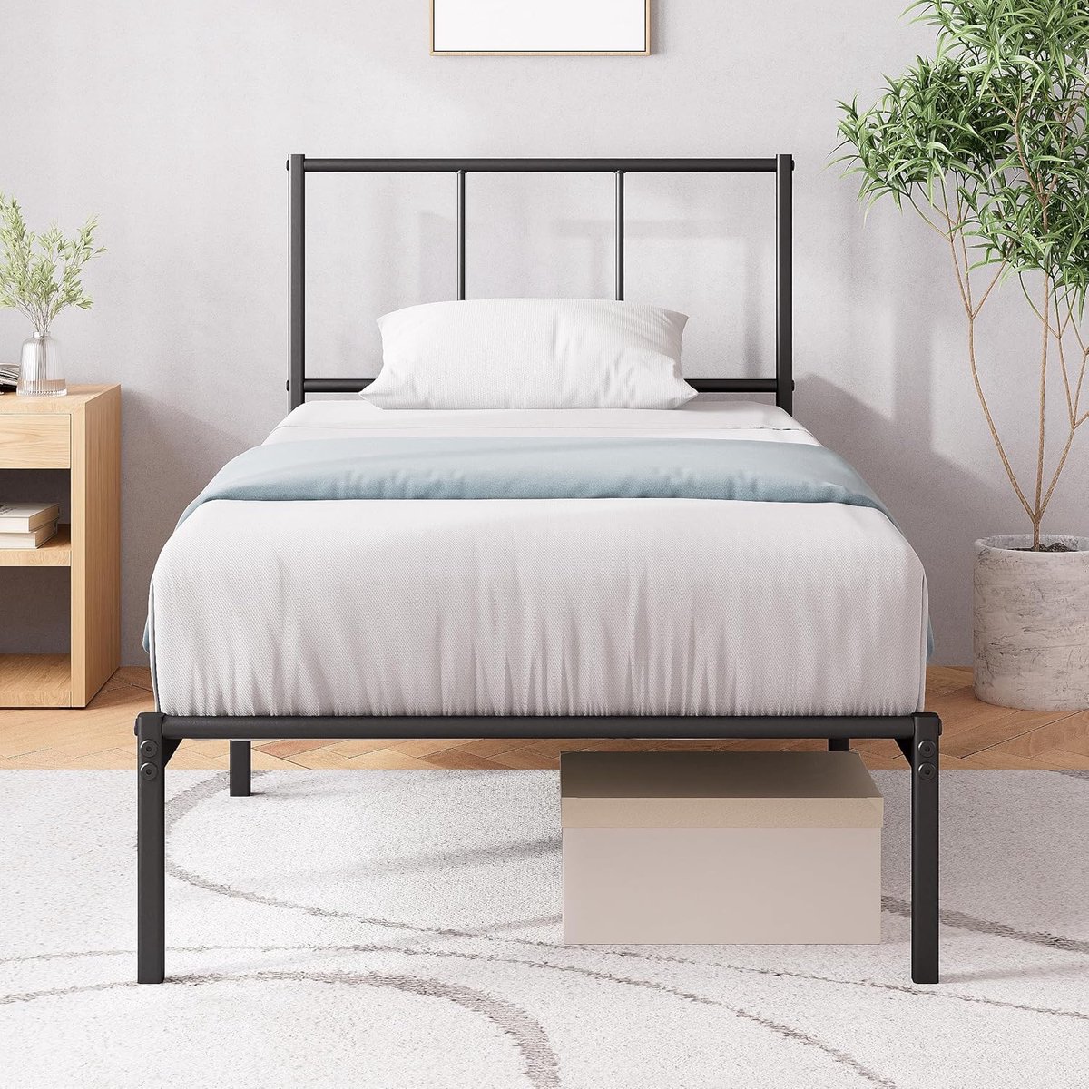 Metalen bedframe 200 x 90 cm – hoogte 35 cm, met hoofdeinde, inclusief lattenbodem, geen b