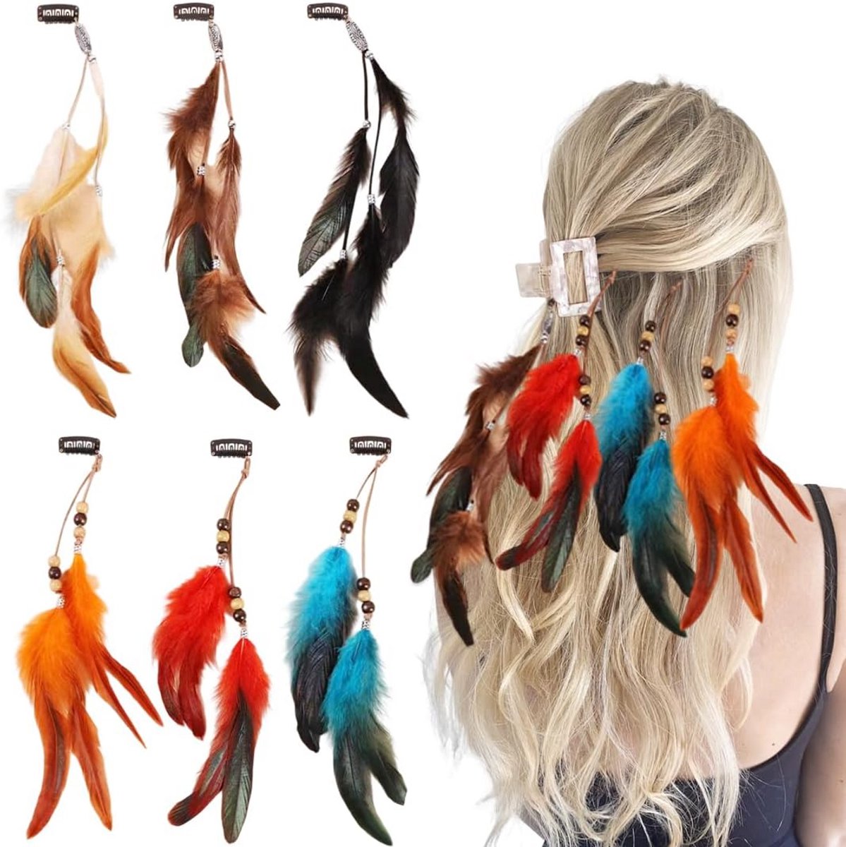 6x Bohemia Haarspelden met Veren - Boho Haar Accessoires Clips voor Feest en Carnaval