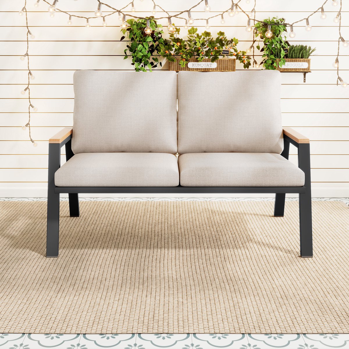 Tuinmeubelset - buitensofa - tweezitsbank - armleuningen van hout-kunststofcomposiet - industriële stijl - grijs