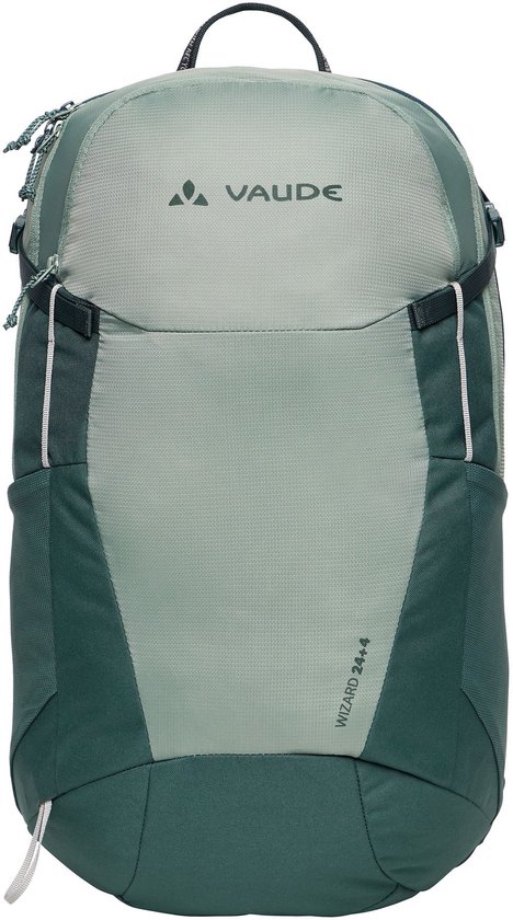 Donkergroene en lichtgrijze rugzak met VAUDE logo en 'WIZARD 24+4' opdruk.
