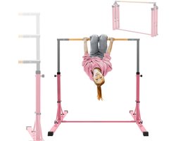 Hauki gymnastik turnrek kinder gymnastiekstang roze verstelbare hoogte 95,5-150cm hout staal trainingsapparaat binnen buiten thuis fitness calisthenische oefeningen indoor outdoor klimstang oefenstang speeltoestel kinderen turnapparaat sportapparaat