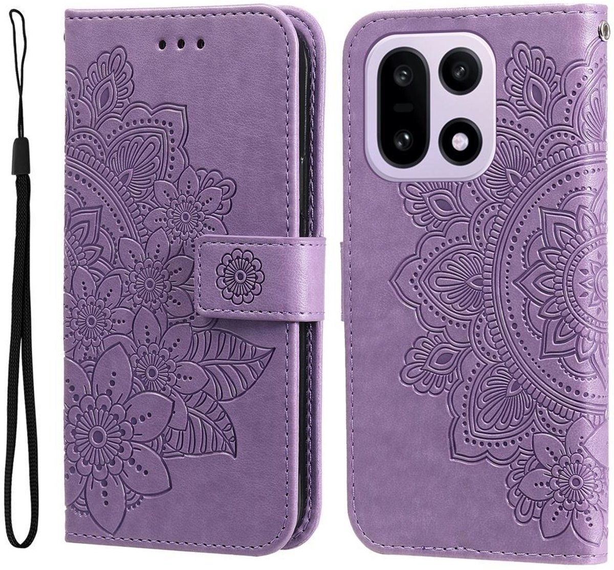 Mobigear Telefoonhoesje geschikt voor OnePlus 15 Hoesje | Mobigear Flowers Bookcase Portemonnee | Pasjeshouder voor 3 Pasjes | Telefoonhoesje voor Pinpas / OV Kaart / Rijbewijs - Paars