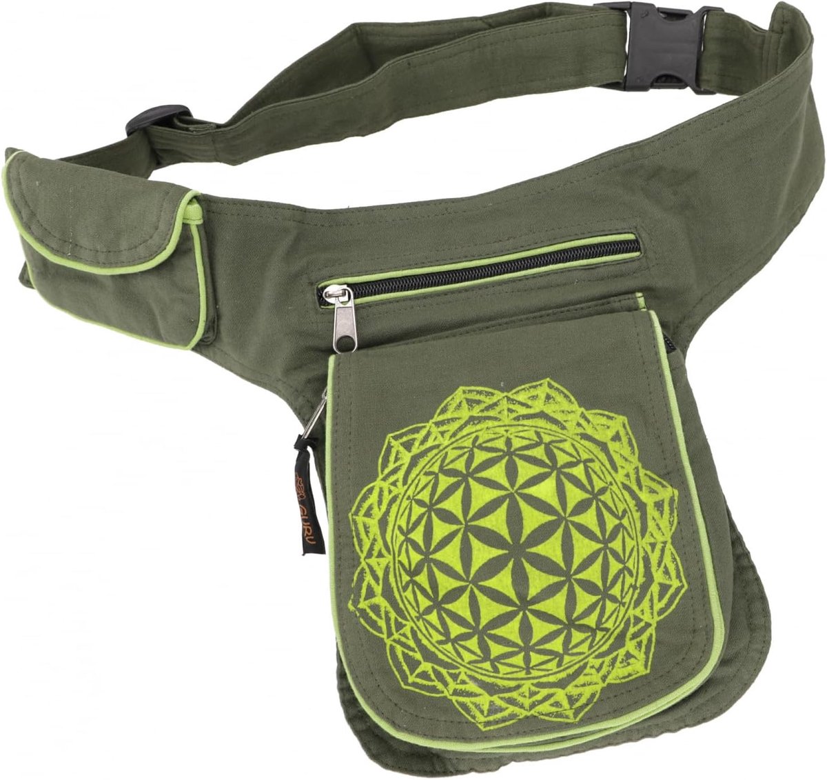Boho Heuptas en Sidebag 'Flower of Life' - Olijfgroen, 100% Katoen, Casual Festival Tas
