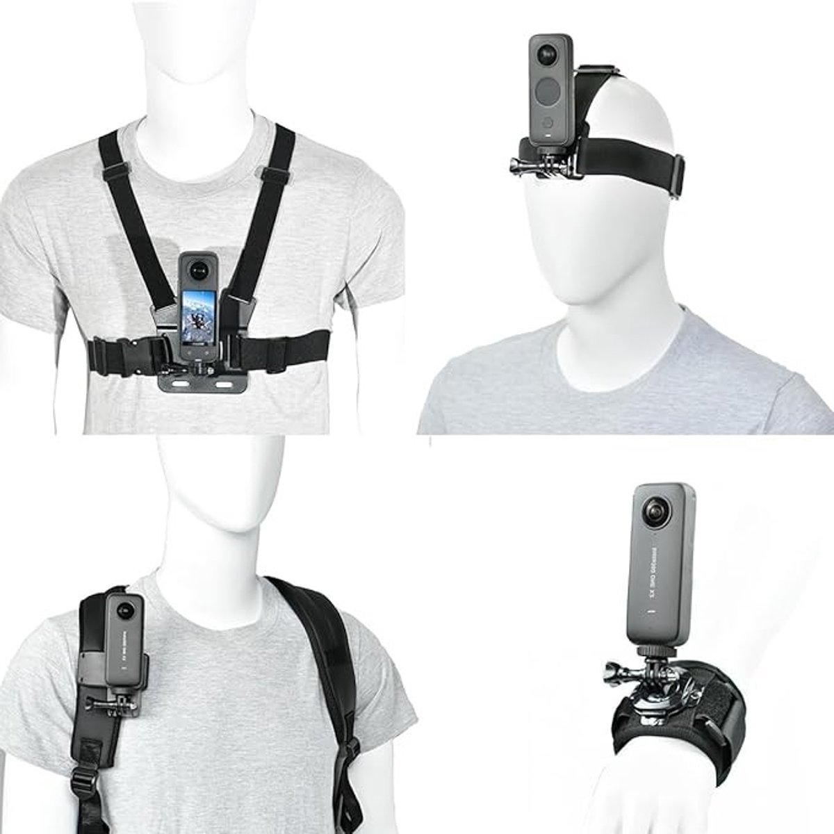 Complete bevestigingsset voor actiecamera's met borstband, hoofdband en polsband