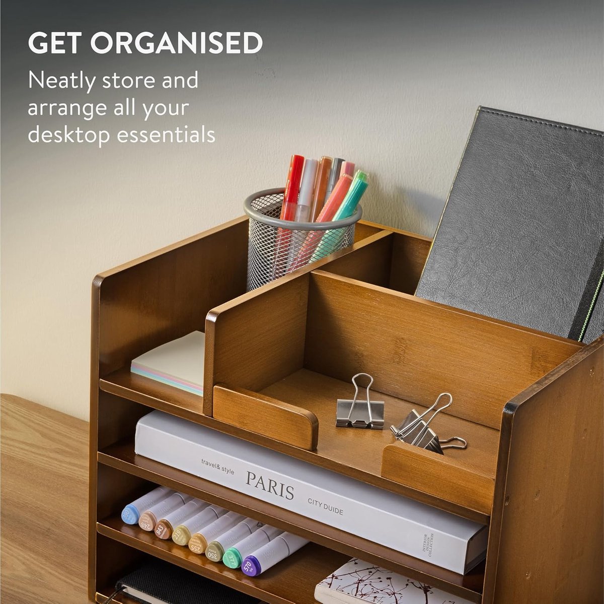 Bamboe Houten Bureau Organizer - Bureau Kast 33 x 24 x 26 cm - Voor Kantoorbenodigdheden en Brieven - Donkerbruin — cadeau in Wonen & Interieur - foto 4