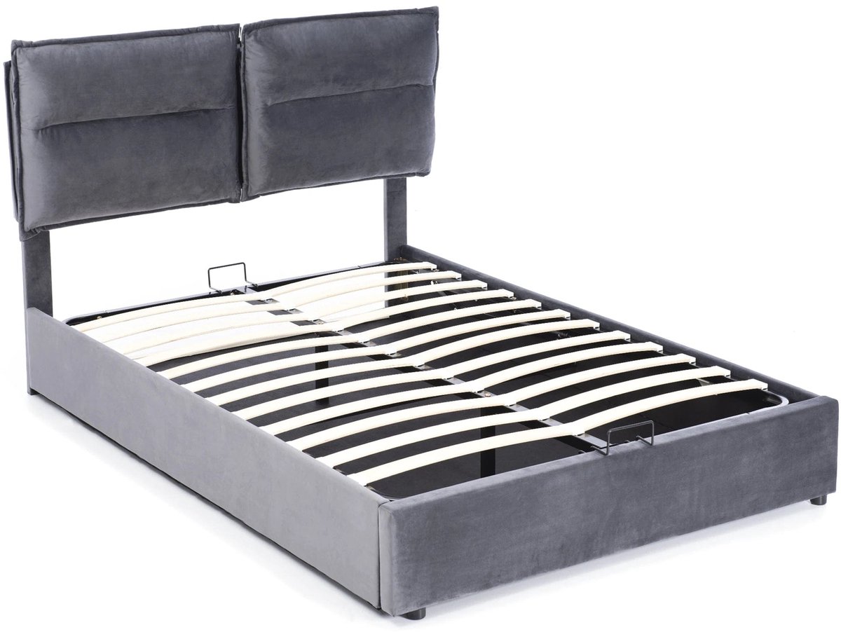 Tweepersoonsbed – Bed – Slaapbed – Opbergbed – Fluwelen Bed – Donkergrijs 140x200 cm – Verstelbaar Hoofdeinde – XXL Hydraulische Opbergruimte