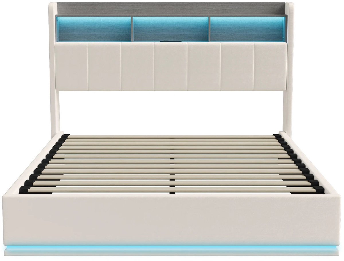 Gestoffeerd Tweepersoonsbed – Slaapbank – Bedframe – Ledikant – Boxspring – Wit 160x200 cm – Met LED-lichtstrip En Ruime Bergruimte