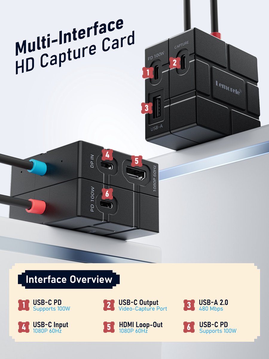 Lemorele AC12 Magnetische Video Capture Card en USB-C Hub - 1080p 60Hz - HDMI Loop-Out - 100W PD thumbnail 5