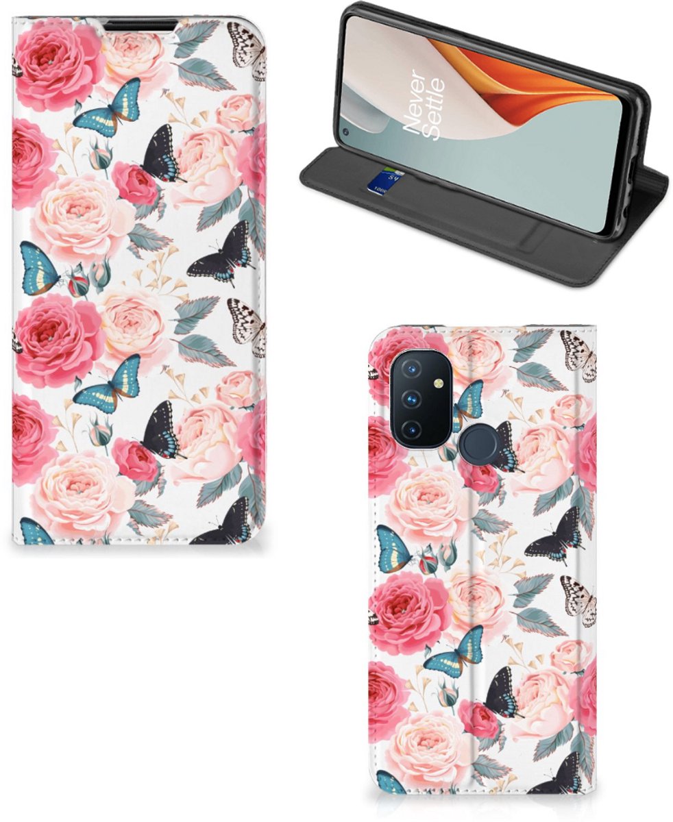 Book Case voor OnePlus Nord N100 Smart Cover Butterfly Roses
