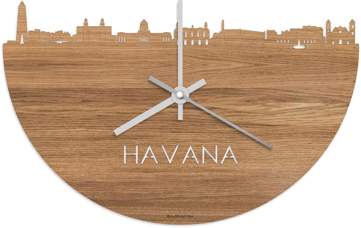 Skyline Klok Havana Eikenhout - Ø 40 cm - Stil uurwerk - Wanddecoratie - Meer steden beschikbaar - Woonkamer idee - Woondecoratie - City Art - Steden kunst - Cadeau voor hem - Cadeau voor haar - Jubileum - Trouwerij - Housewarming - WoodWideCities