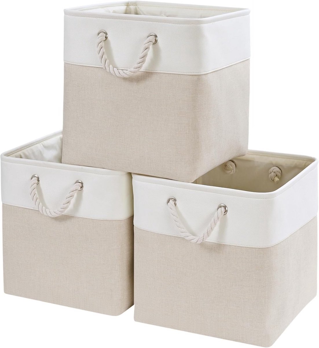 Opbergmanden 28 x 28 cm voor Kleding en Speelgoed - Lichtbeige/Wit (Set van 3)