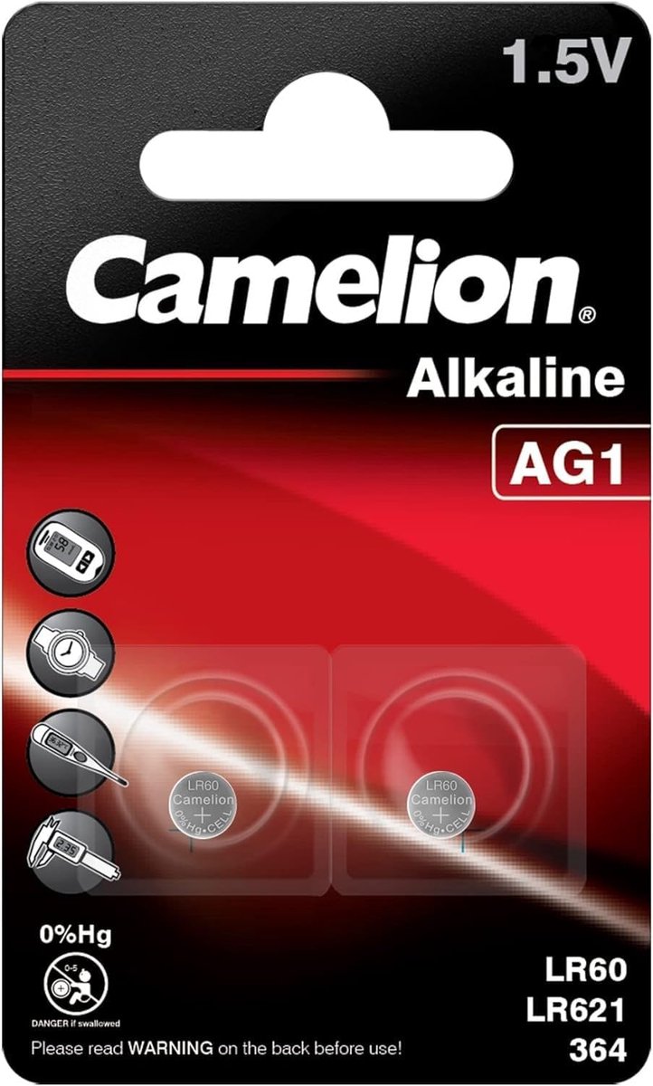 Alkaline knoopcelbatterij AG1/LR60/LR621/364 - 2 stuks, 1,5 volt, 14 mAh
