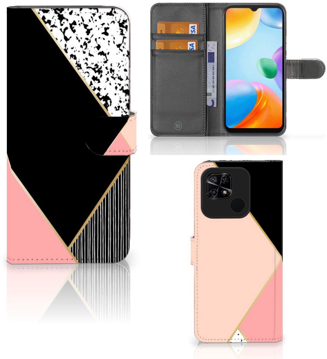 Xiaomi Redmi 10C Book Case Zwart Roze Vormen