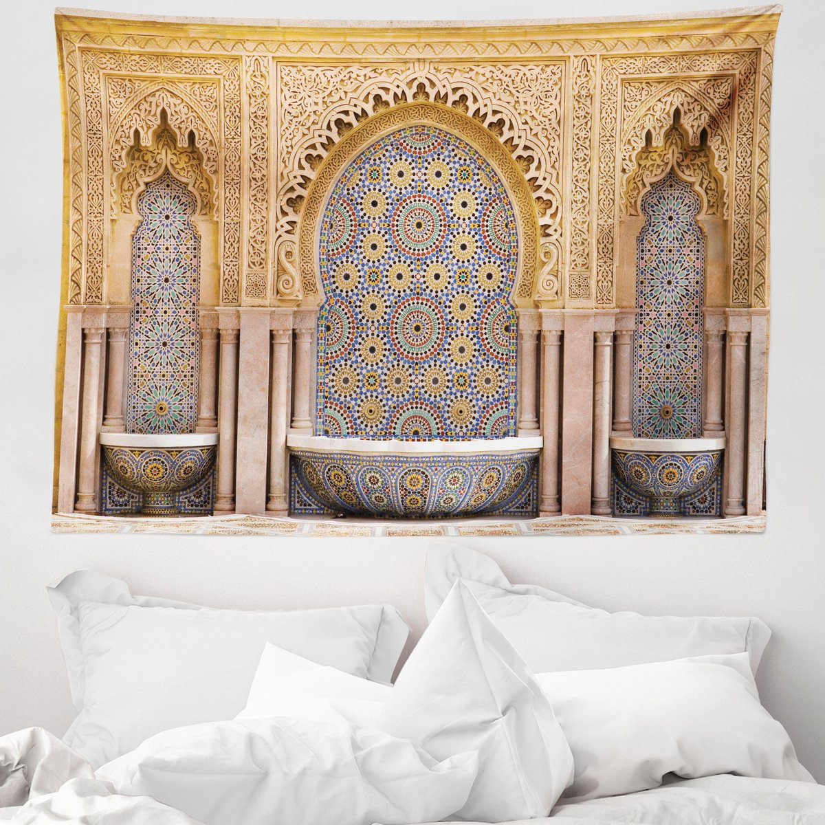 ABAKUHAUS Marokkaans wandtapijt, Rabat Hassan-toren, 150 x 110 cm, abrikoos lichtbruin