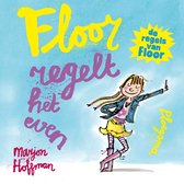Boek "Floor regelt het even" met een illustratie van een lachend meisje met lang blond haar en gestreepte kousen. Tekst in geel, paars en roze.
