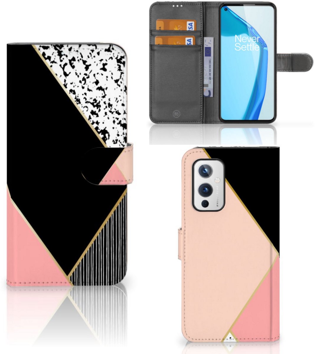 OnePlus 9 Book Case Zwart Roze Vormen