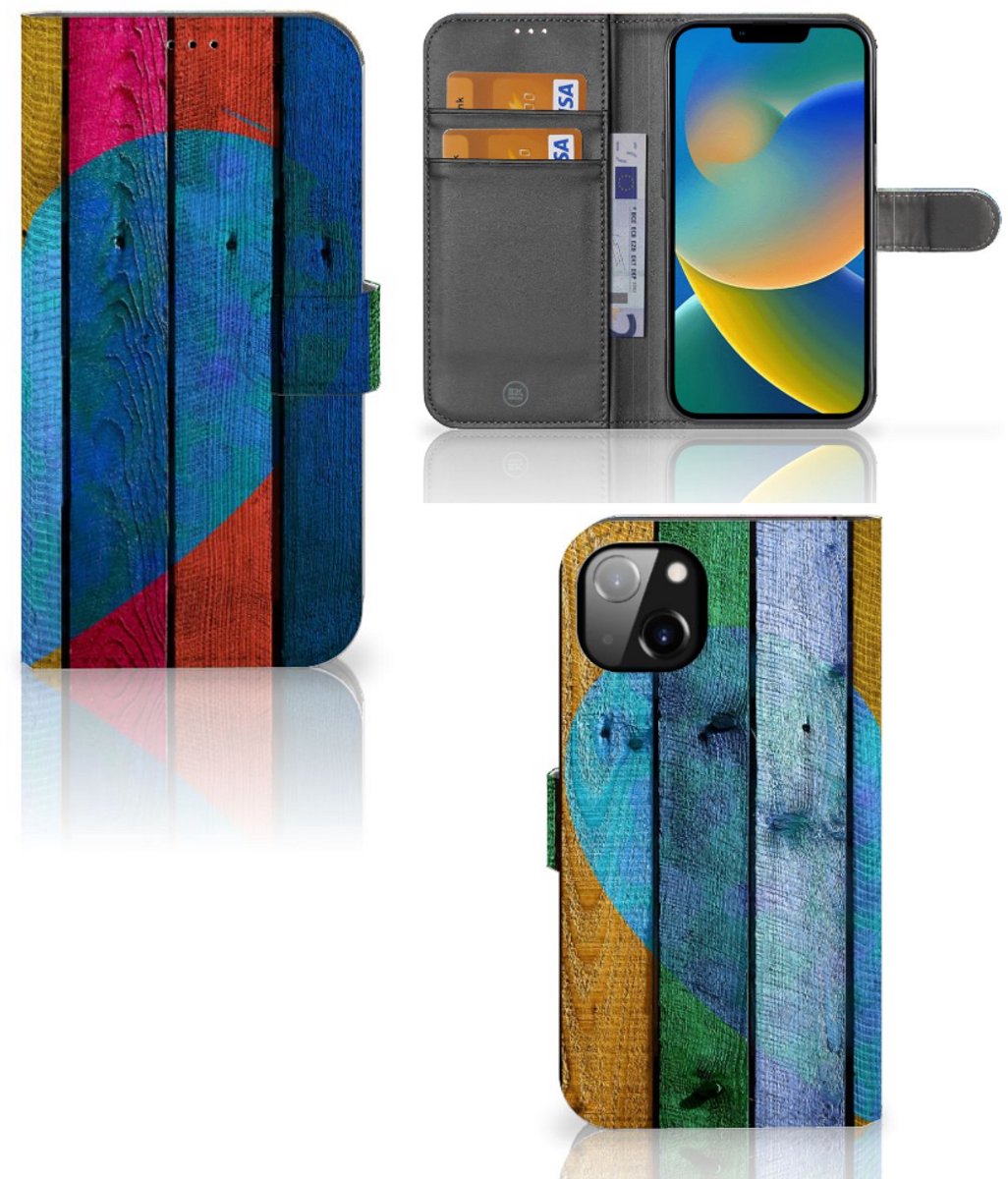 iPhone 14 Plus Book Style Case Wood Heart - Cadeau voor je Vriend