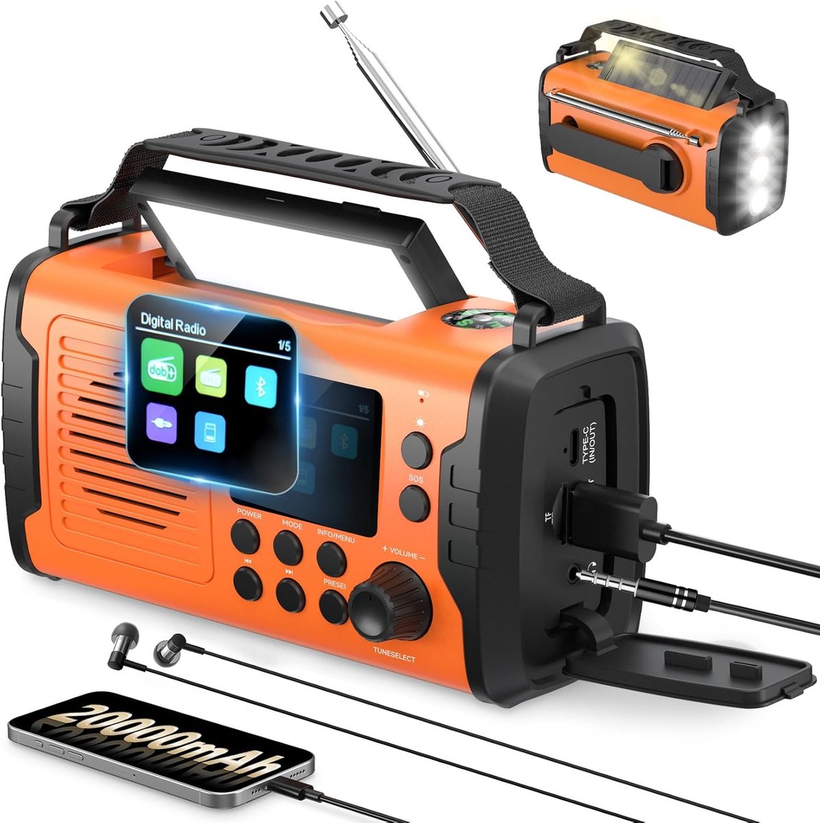 20000 mAh Noodradio met DAB en FM, Wind Up Functie, Bluetooth, Wekker, SOS Alarm, Zaklamp en Leeslamp