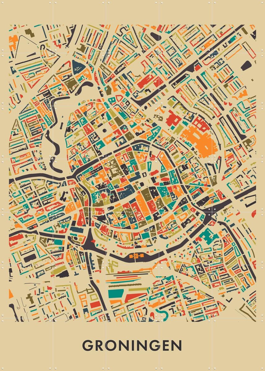 IXXI Groningen Mosaic Map, Kunst in Kaart - 100 x 140 cm - Gratis ophangtool - Grote wanddecoratie en posters - Kleurrijk, Digitale Kunst