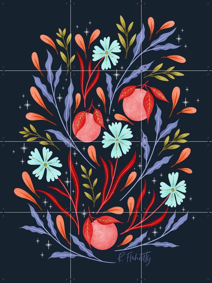 IXXI Wild Flowers and Oranges Coral, Rebecca Flaherty - 60 x 80 cm - Gratis ophangtool - Grote wanddecoratie en posters - Speels, Illustraties