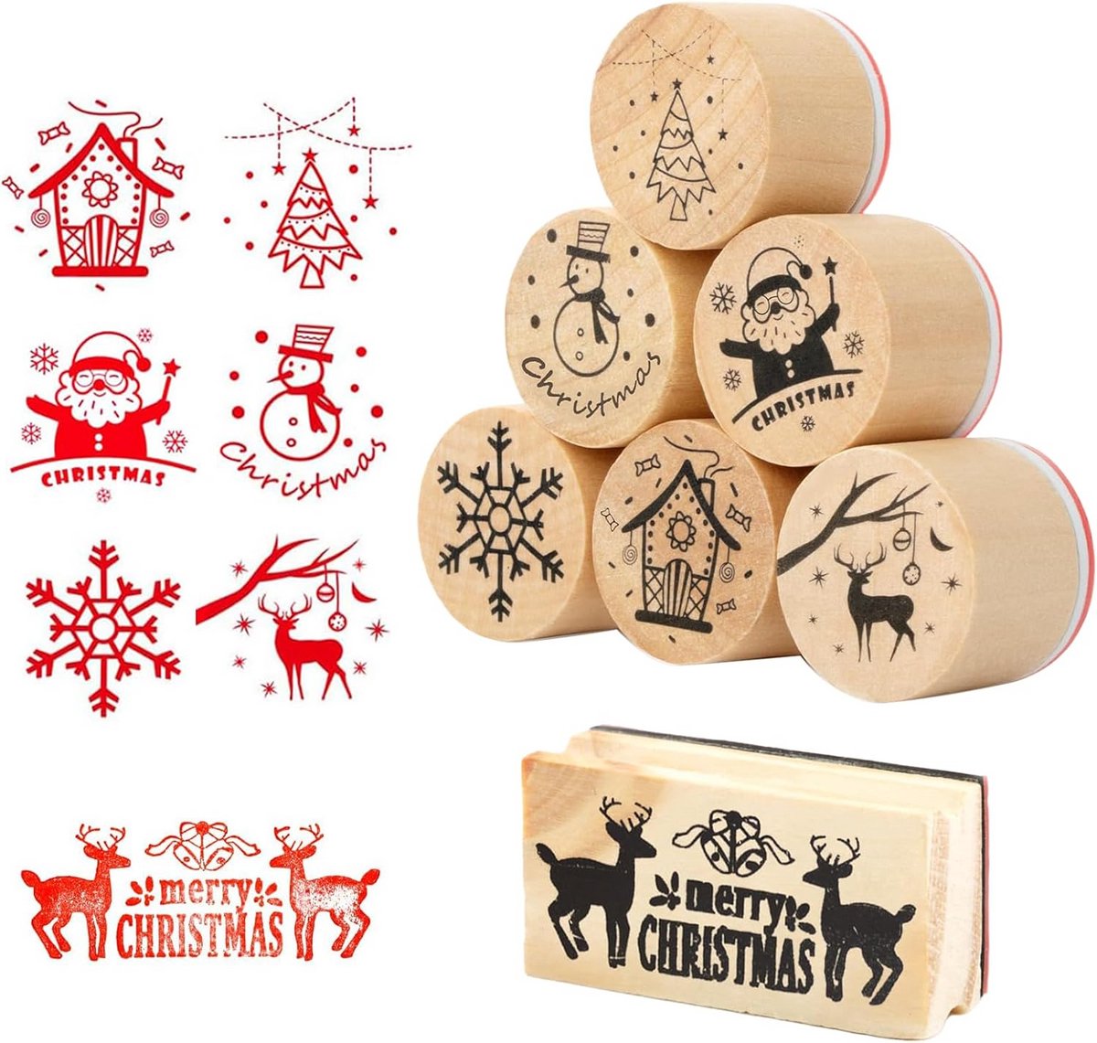 7 Houten Kerststempels Rond en Rechthoekig - Knutselset voor Kaarten, Cadeaupapier en Scrapbooking