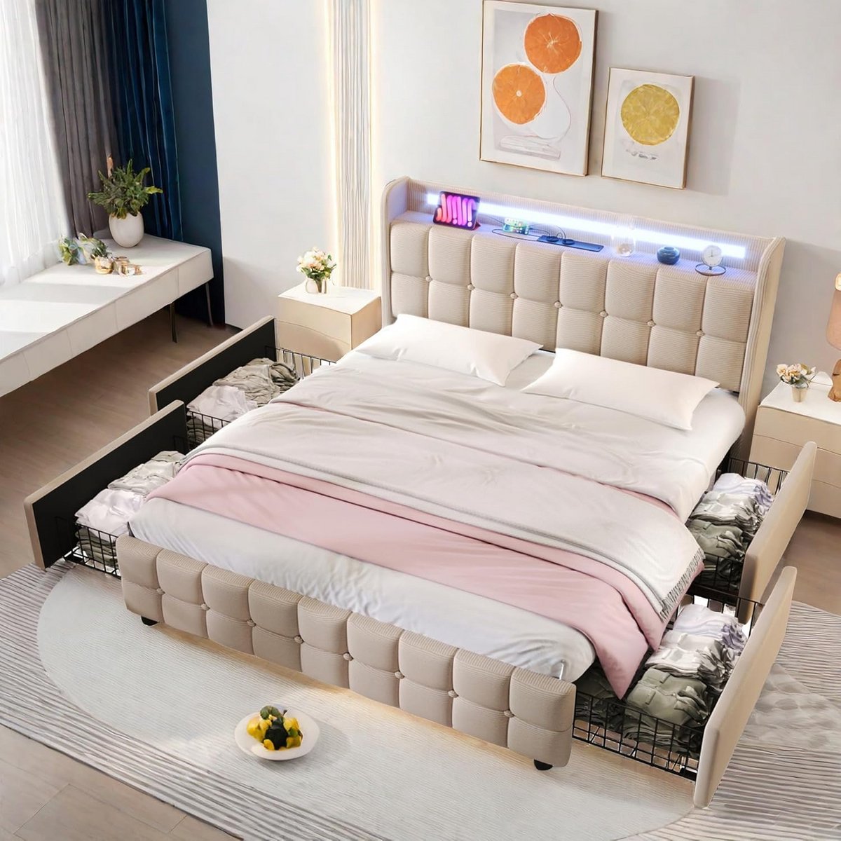 LED Bedframe 160x200 met Opbergladen en USB-Aansluiting